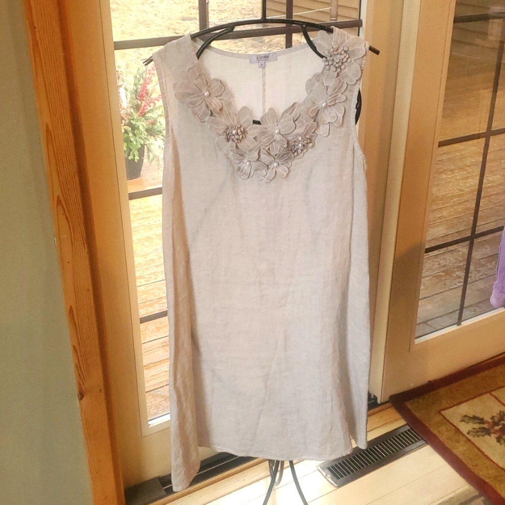 Rosemarine Dress Womens Sz. S Linen Beige Floral Beaded Embellished Sleeveless‎